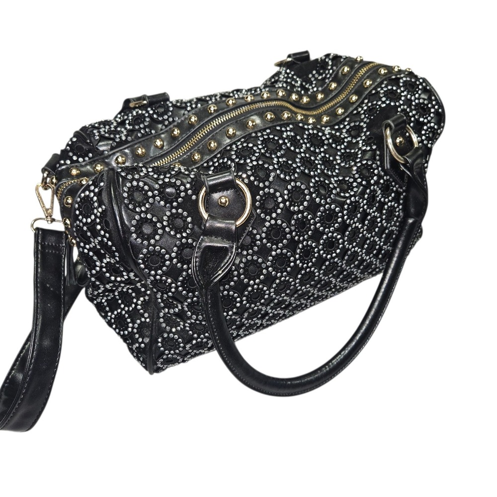 VTG Y2K Rhinestone Studded Laser Cut Satchel Handbag Black Gold OS